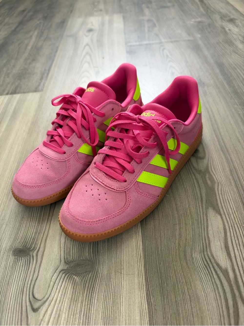 adidas Pink Suede Sneakers with Neon Yellow/green Stripes